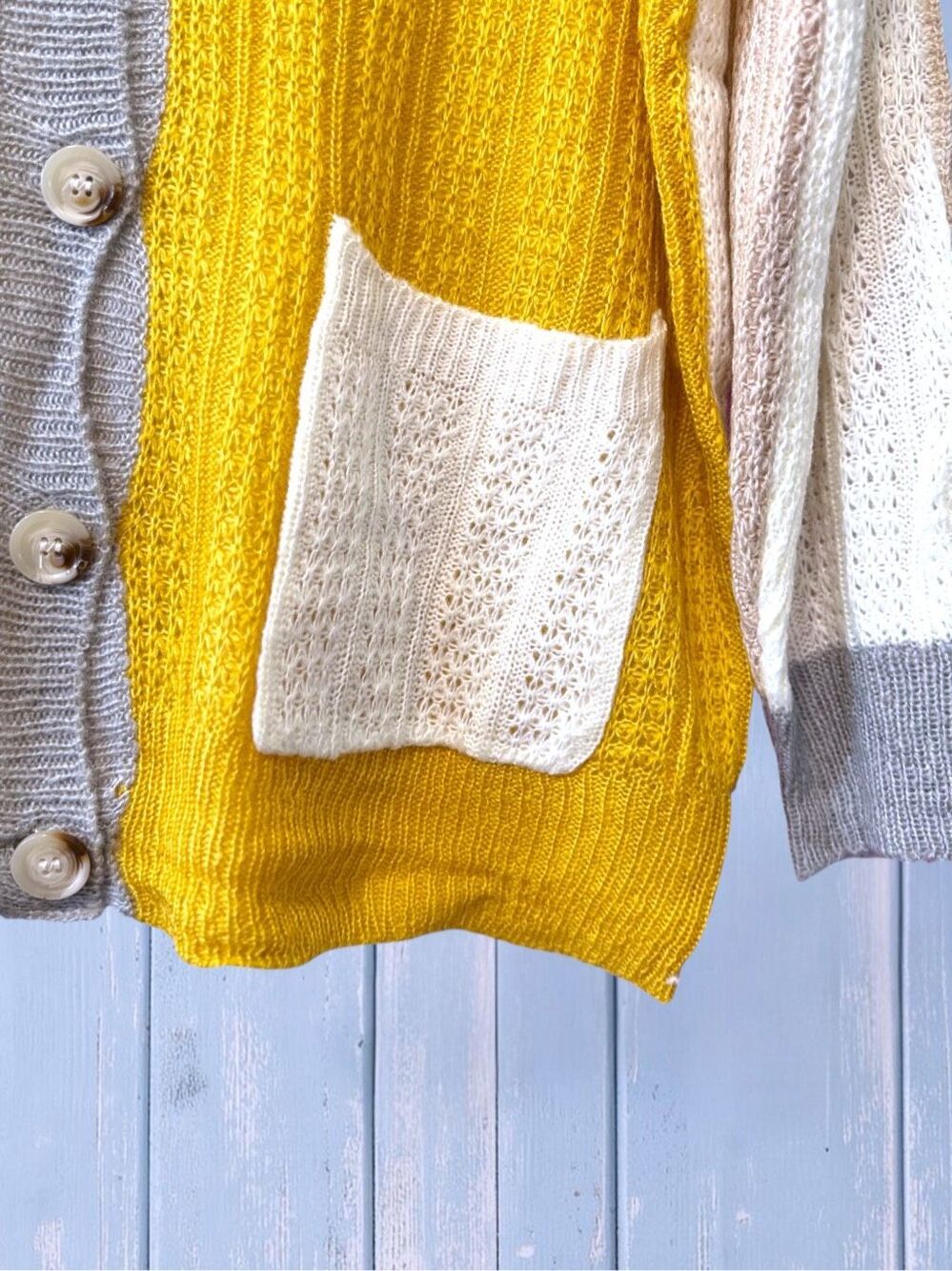 BiBi Mustard Color Block Button Cardigan Sweater | Oversized Cozy Knit | Pockets - Picture 14 of 14